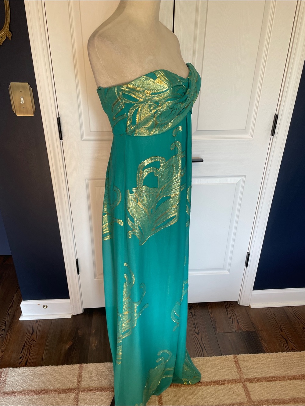 NWT Silk Nicole Miller Teal Strapless Maxi Dress Gold Foil Detail Size 6 - Picture 4 of 14